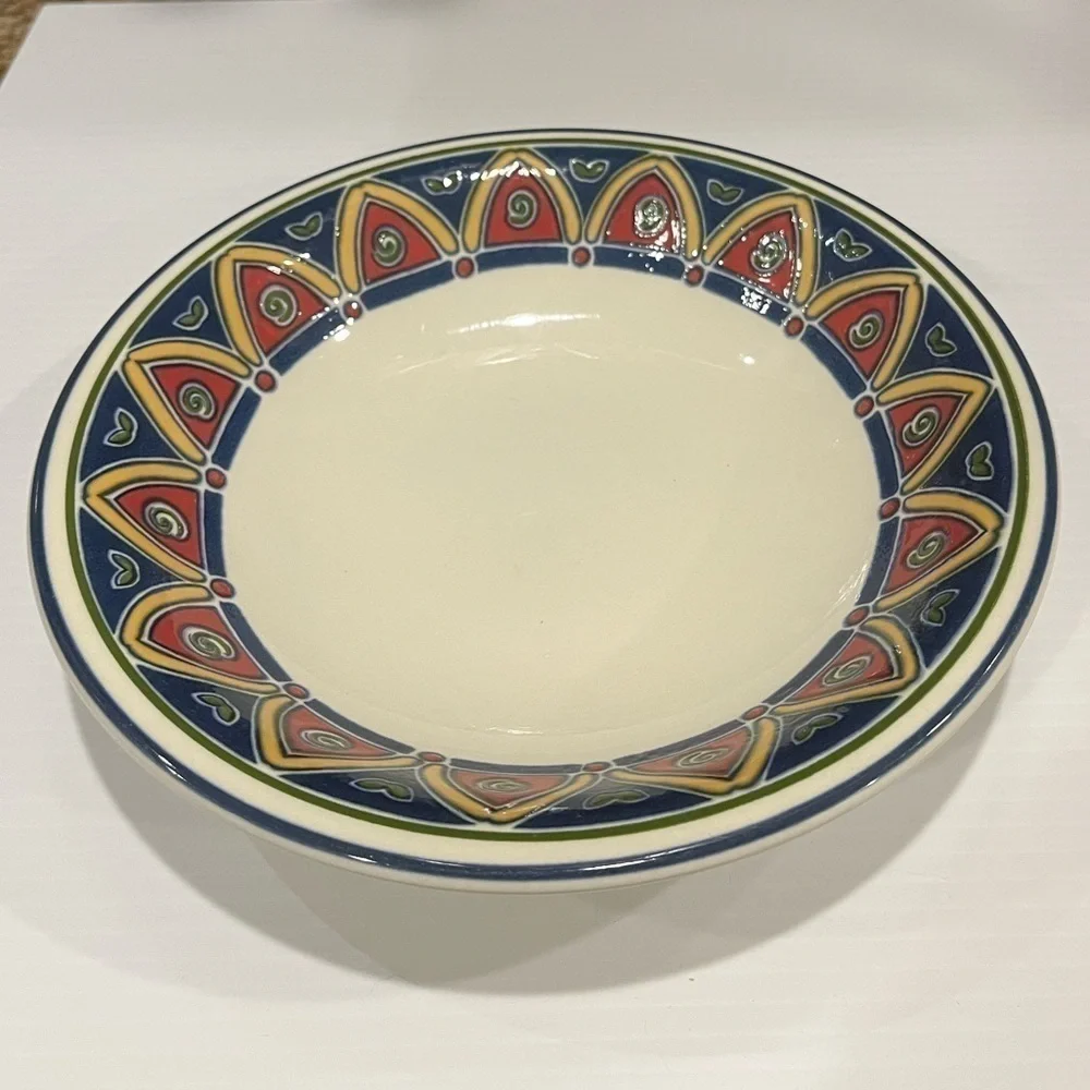 Pier 1 Bowl Red, Blue. Yellow Geometric Pattern 8 1/4 inches
